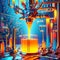 Futuristic lab with a complex machine pouring orange juice into a beaker