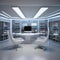 A futuristic laboratory-themed study with high-tech gadgets, metallic furniture, and LED-lit shelves1