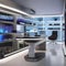 A futuristic laboratory-themed study with high-tech gadgets, metallic furniture, and LED-lit shelves2