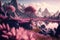 Futuristic Landscape with Pink Blossoming Trees, Fairy Garden. Generative AI