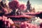 Futuristic Landscape with Pink Blossoming Trees, Fairy Garden. Generative AI