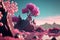 Futuristic Landscape with Pink Blossoming Trees, Fairy Garden. Generative AI