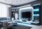 A futuristic living room with modular furniture, LED accent lighting, and a wall-mounted entertainment system,
