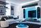 A futuristic living room with modular furniture, LED accent lighting, and a wall-mounted entertainment system