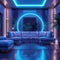 Futuristic living room with sleek leather sofas under blue neon