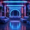 Futuristic living room with sleek leather sofas under blue neon