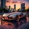 Futuristic Luxury Car Cruising Through Vibrant Cityscape at Sunset