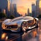 Futuristic Luxury Car Cruising Through Vibrant Cityscape at Sunset