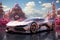 A futuristic luxury car driving through a pastel city at very soft light pastel pink crystal day, futuristic, future