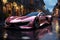 A futuristic luxury car driving through a pastel city at very soft light pastel pink crystal day, futuristic, future