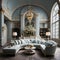 Futuristic luxury design in baroque style, modern open-plan room interior in pastel colors with wall decoration. Soft