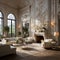 Futuristic luxury design in baroque style, modern open-plan room interior in pastel colors with wall decoration. Soft