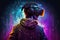 Futuristic man wearing virtual reality headset at cyberspace background. Metaverse concept. Player character.