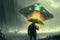 Futuristic man wielding enchanted umbrella obliterates hi-tech metropolis in sci-fi setting. Illustration painting