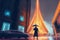 Futuristic man wielding enchanted umbrella obliterates hi-tech metropolis in sci-fi setting. Illustration painting