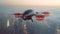 A Futuristic Manned Robo-Passenger Drone Soars Through the Sky Above a Modern City