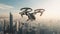 A Futuristic Manned Robo-Passenger Drone Soars Through the Sky Above a Modern City