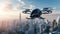 A Futuristic Manned Robo-Passenger Drone Soars Through the Sky Above a Modern City