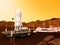 Futuristic Mars base camp with rocket launch platform