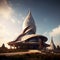 Futuristic marvel, 3d render of an architectural masterpiece against a blue sky with clouds