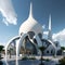 Futuristic marvel, 3d render of an architectural masterpiece against a blue sky with clouds