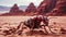 a futuristic mechanical cybernetic ant walking on hot desert sand