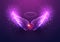 Futuristic memorial angel wings and red heart concept in glowing style isolated on purple