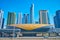 The futuristic Metro pavilion and skyscrapers of Jumeirah Lake Towers neighborhood, on March 7 in Dubai, UAE