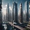 A futuristic metropolis dominated by sleek, industrial robots, interwoven with modern skyscrapers and cutting-edge technology