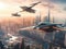 Futuristic metropolis with soaring skyscrapers and sleek flying vehicles