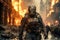Futuristic military robot, soldier cyborg walks near burning buildings