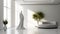 Futuristic Minimalism: A Room With A Sculpted Statue And Potted Plant