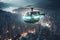 Futuristic modern driverless air taxi fly in modern city. Generative AI.