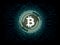 Futuristic modern glowing Bitcoin BTC logo hologram hover over blue scifi background.