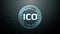 Futuristic modern glowing Initial Coin Offering ICO led logo hologram hover over metallic steel background.