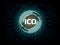 Futuristic modern glowing Initial Coin Offering ICO logo hologram hover over blue scifi circuit background.