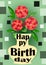 Futuristic modern happy birthday banner with stylized red roses in vase on green gradient background