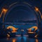 Futuristic Modern Living Room Interior, Neon Lights Glowing Accent, Armchair and Table, Large Panoramic Window, Fantasy Ocean