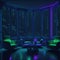 Futuristic Modern Living Room Interior, Neon Lights Glowing Accent, Armchairs and Table, Large Panoramic Window, Fantasy