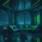 Futuristic Modern Living Room Interior, Neon Lights Glowing Accent, Sofa and Table, Large Panoramic Window, Fantasy Underwater