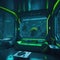 Futuristic Modern Living Room Interior, Neon Lights Glowing Accent, Sofa and Table, Large Panoramic Window, Fantasy Underwater