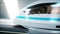 Futuristic modern train, monorail fast driving in sci fi tunnel, coridor. Concept of future. Realistic 4k animation.