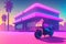 Futuristic motorbike on a vibrant colorful retrowave landscape with a grid pattern in the cyberspace. Generative AI