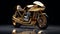 Futuristic motorcycle completely covered in gold