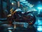 Futuristic motorcycle in cyberpunk alleyway