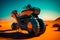 Futuristic motorcycle in the middle of desert with mountains in the background. Generative AI
