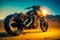 Futuristic motorcycle in the middle of desert with mountains in the background. Generative AI