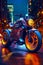 Futuristic motorcycle parked in the middle of city at night with bright lights. Generative AI