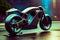 Futuristic motorcycle is parked in parking lot in the rain at night. Generative AI