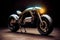 Futuristic motorcycle is shown with light on it's headlight. Generative AI